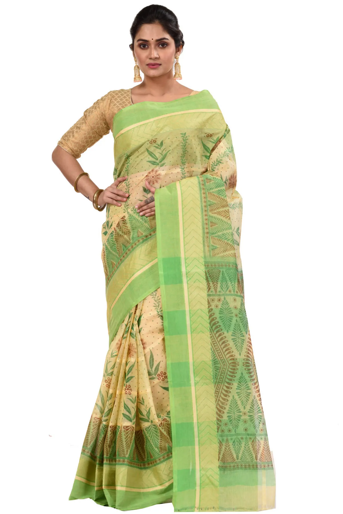 DipDiya Pure Cotton Green Lata Pata Bengali Heritage Printed Tant Sarees