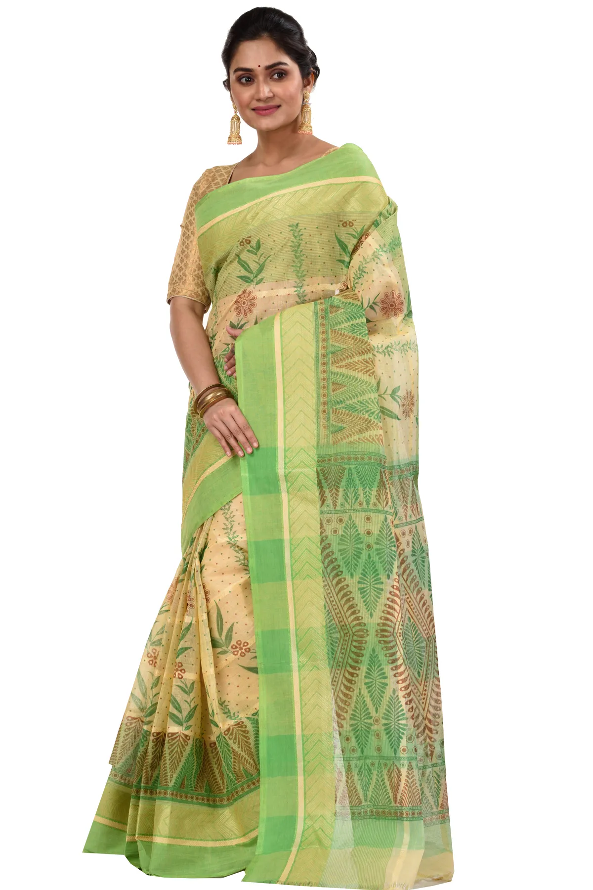 DipDiya Pure Cotton Green Lata Pata Bengali Heritage Printed Tant Sarees