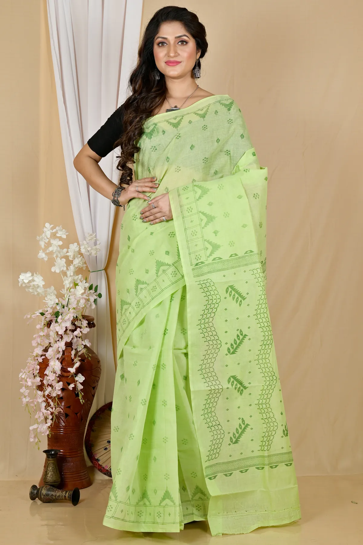 DipDiya Pure Cotton Green Lupata Heritage of Bengal Printed Tant Sarees
