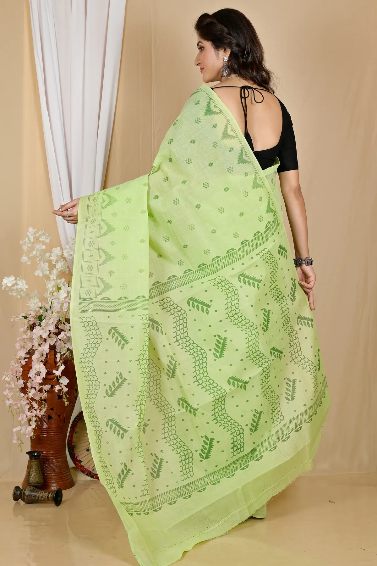 DipDiya Pure Cotton Green Lupata Heritage of Bengal Printed Tant Sarees