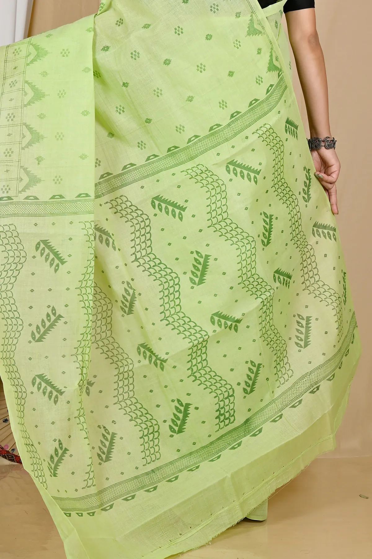 DipDiya Pure Cotton Green Lupata Heritage of Bengal Printed Tant Sarees