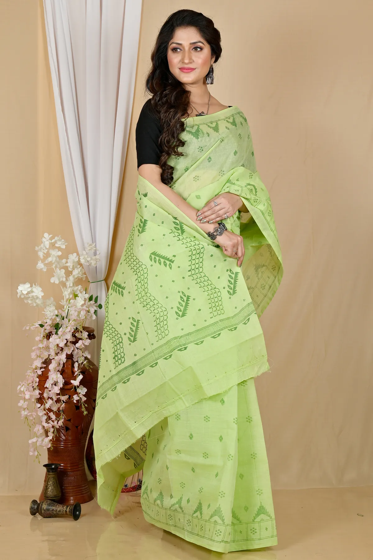 DipDiya Pure Cotton Green Lupata Heritage of Bengal Printed Tant Sarees