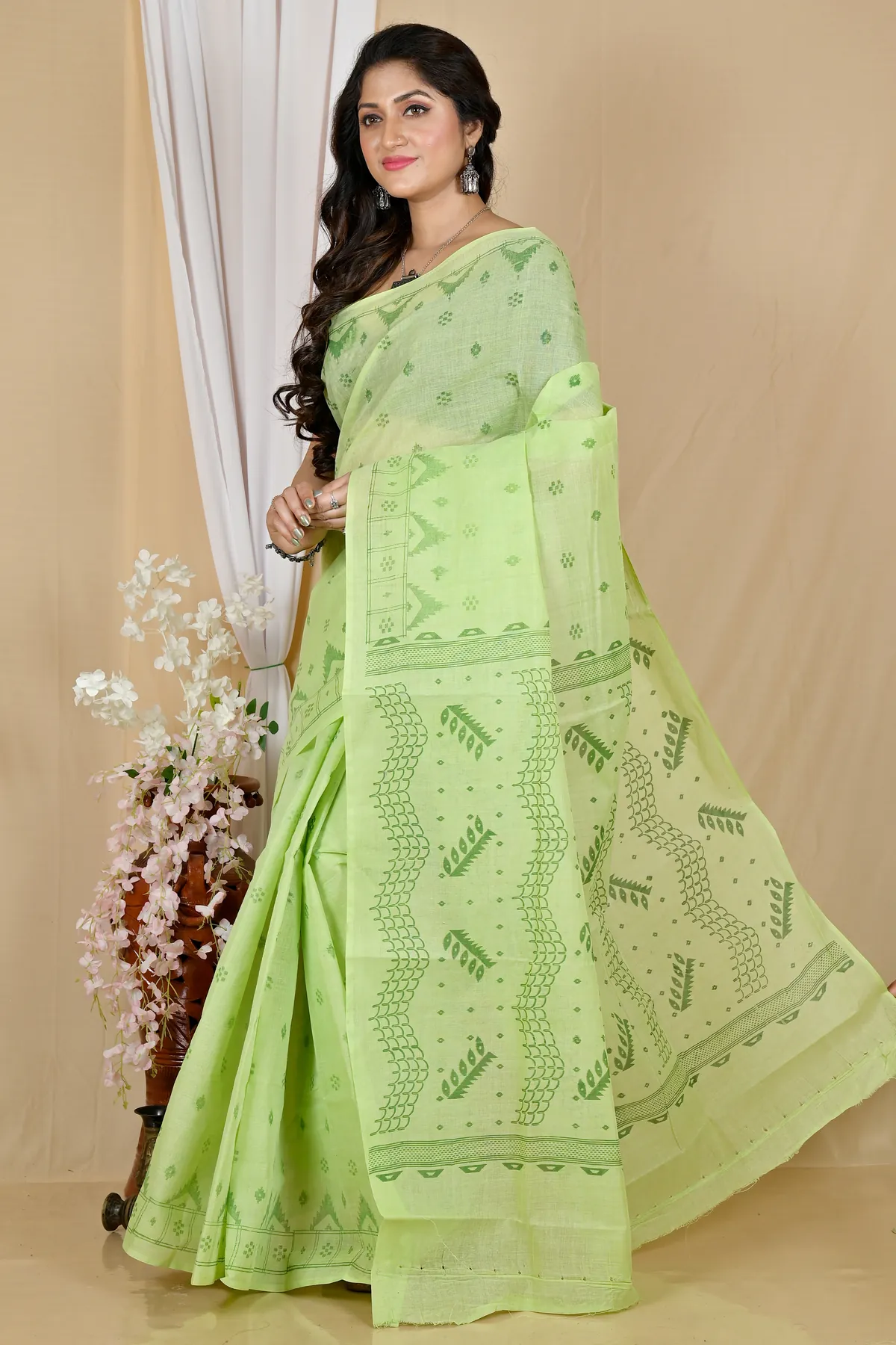 DipDiya Pure Cotton Green Lupata Heritage of Bengal Printed Tant Sarees
