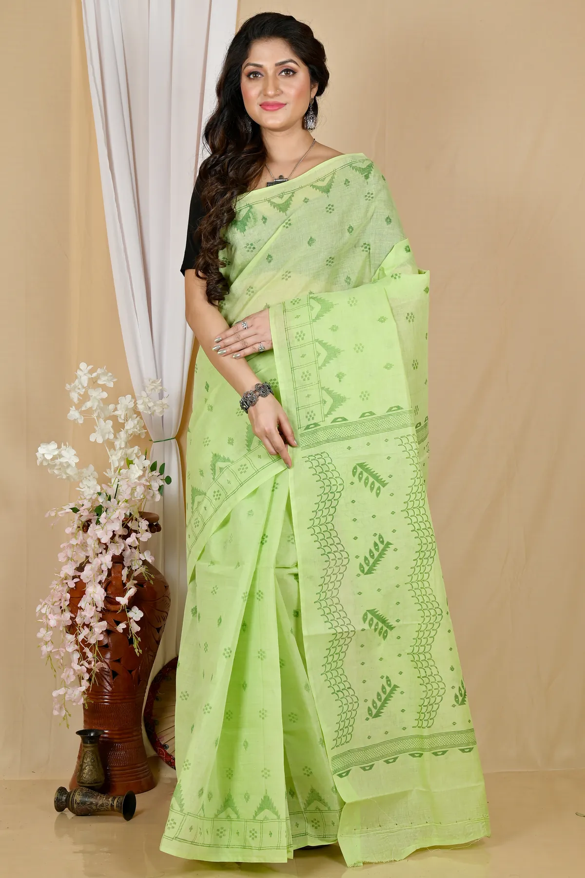 DipDiya Pure Cotton Green Lupata Heritage of Bengal Printed Tant Sarees