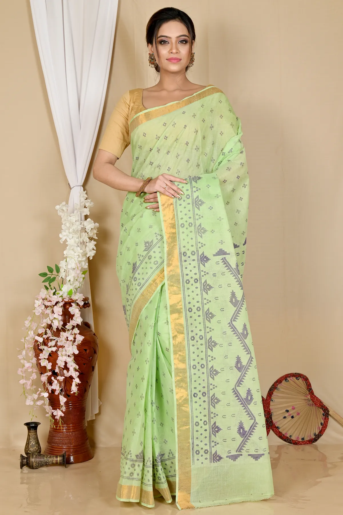 DipDiya Pure Cotton Green Luvna Crafted with Soul Printed Tant Sarees