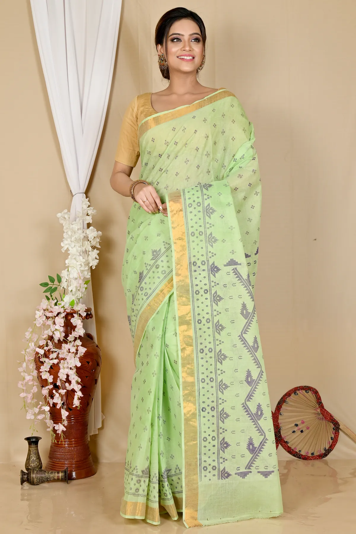 DipDiya Pure Cotton Green Luvna Crafted with Soul Printed Tant Sarees