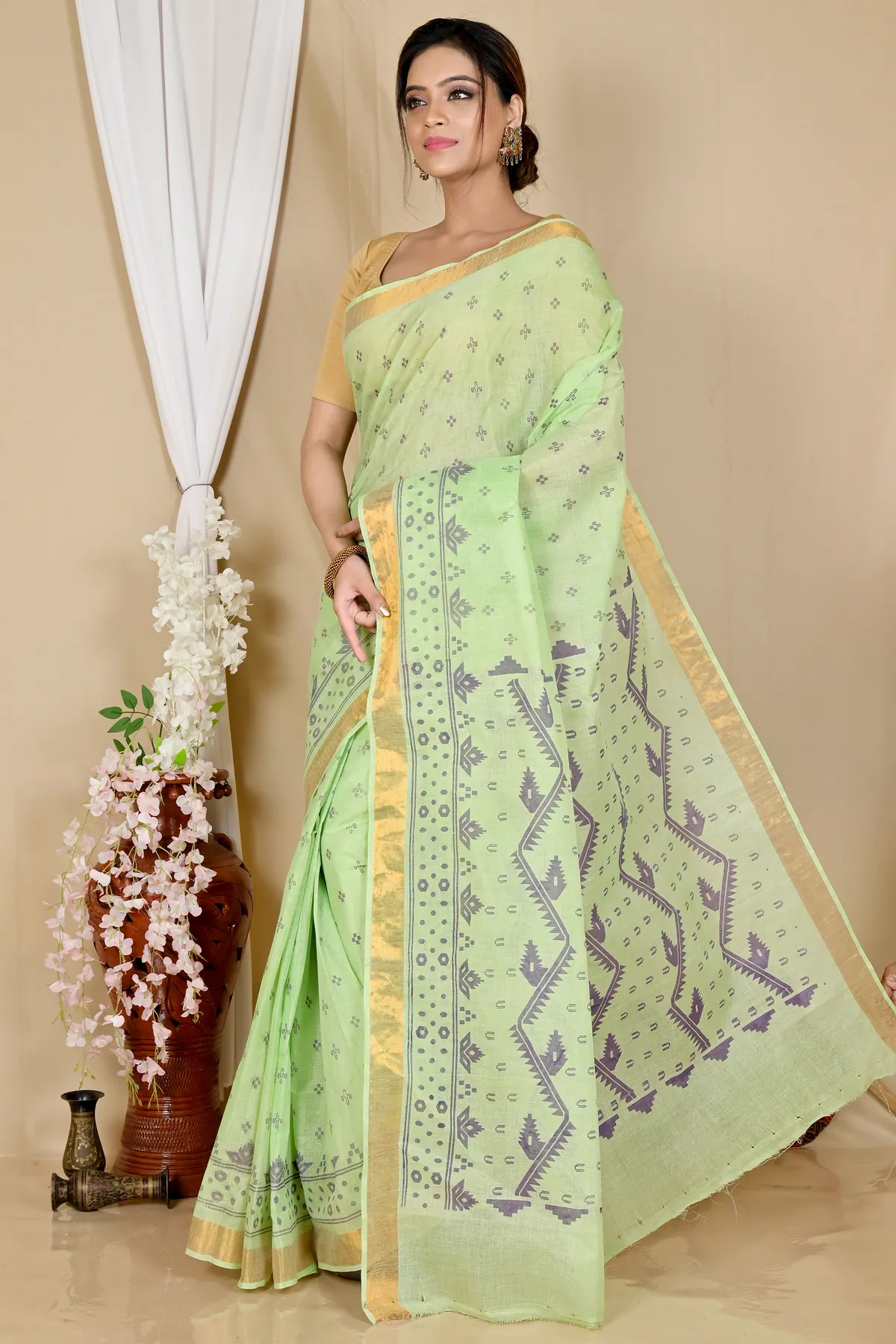 DipDiya Pure Cotton Green Luvna Crafted with Soul Printed Tant Sarees