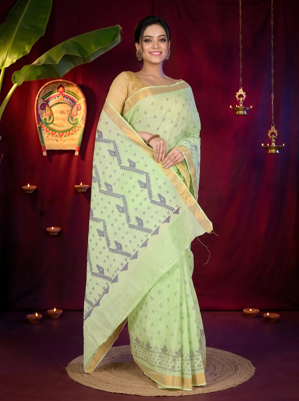 DipDiya Pure Cotton Green Luvna Crafted with Soul Printed Tant Sarees