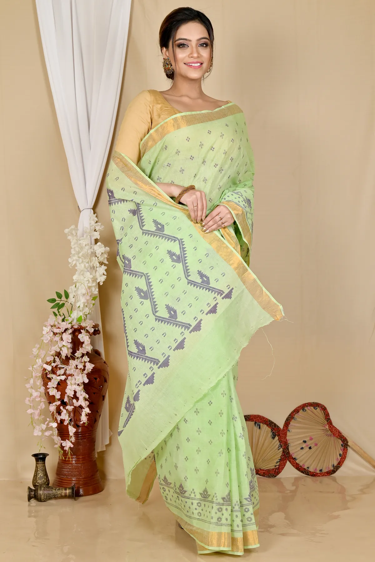 DipDiya Pure Cotton Green Luvna Crafted with Soul Printed Tant Sarees