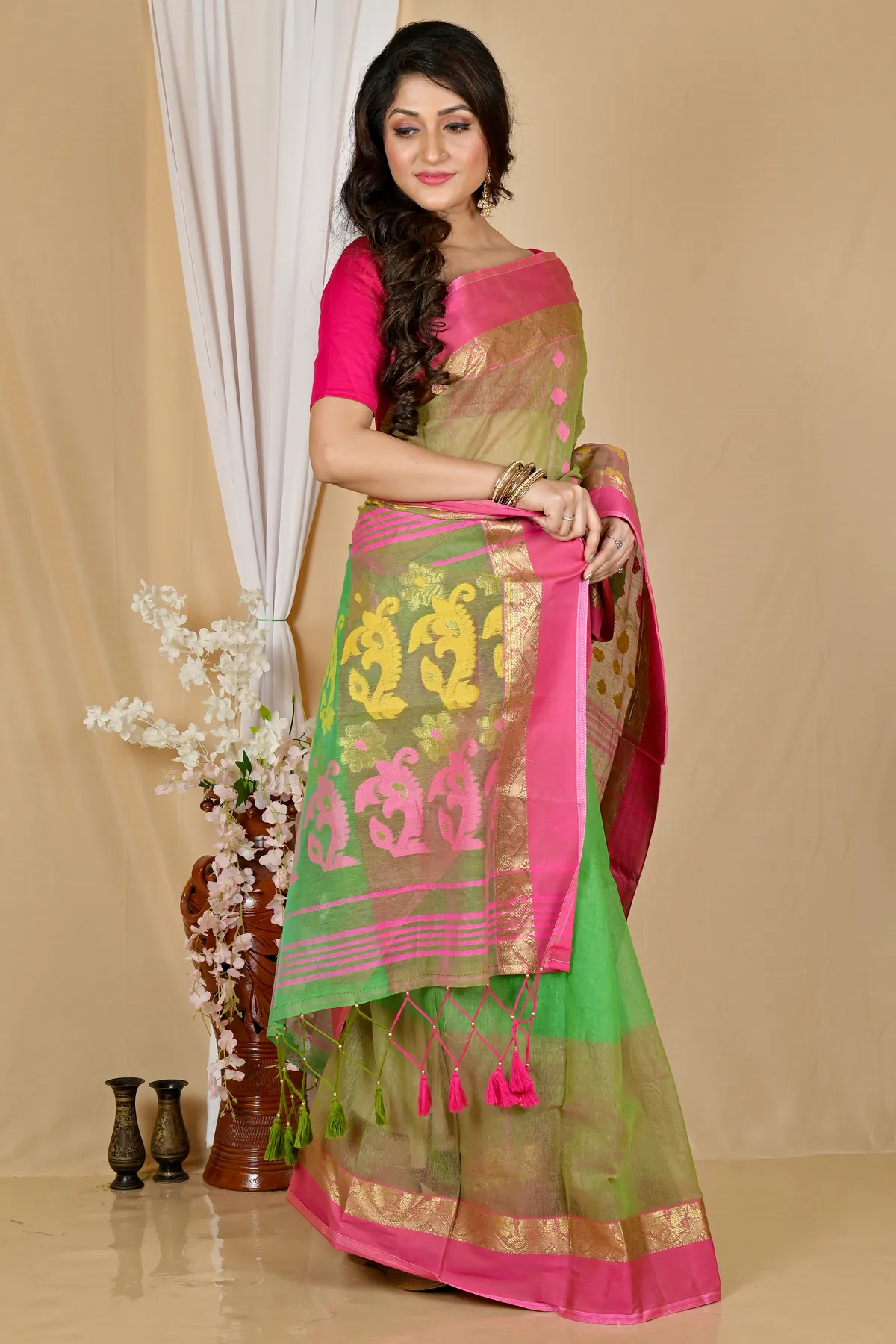 DipDiya Pure Cotton Green Madhka Bengal’s Tradition Tant Sarees