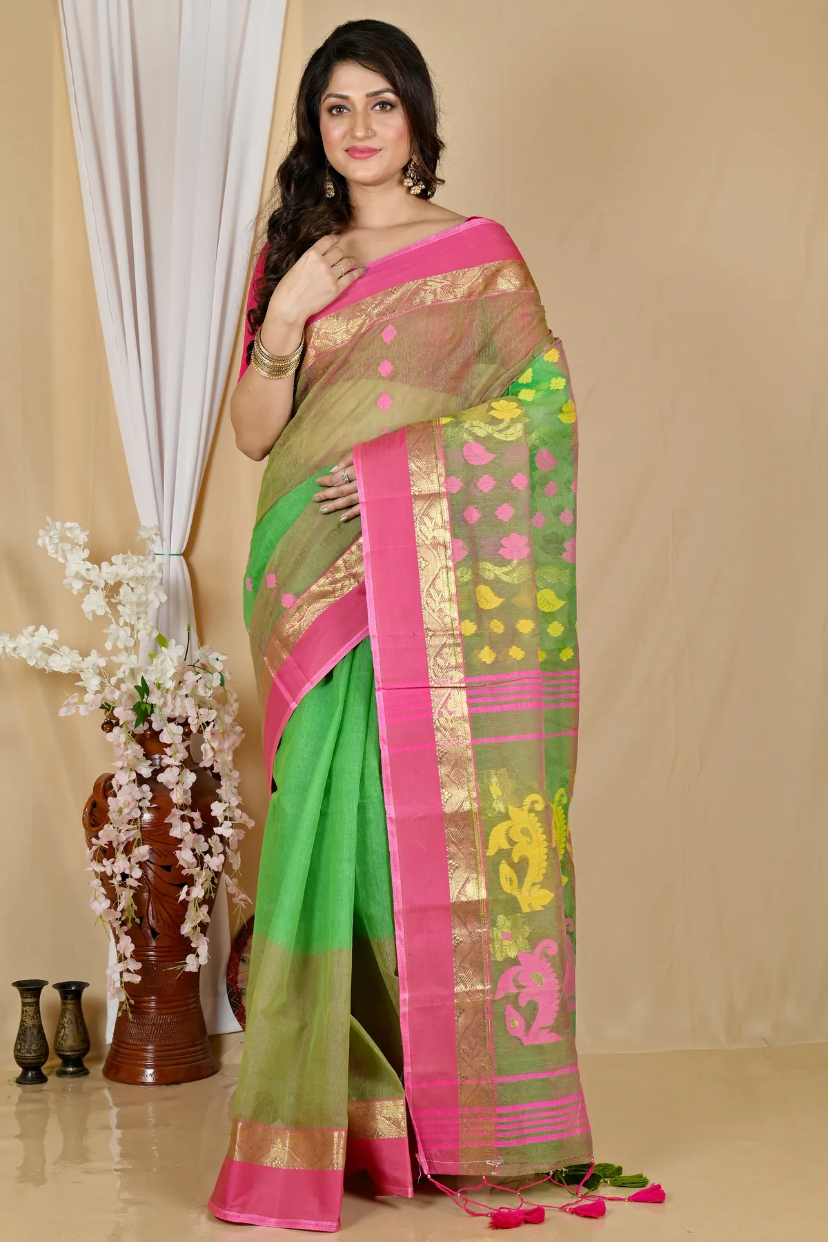 DipDiya Pure Cotton Green Madhka Bengal’s Tradition Tant Sarees
