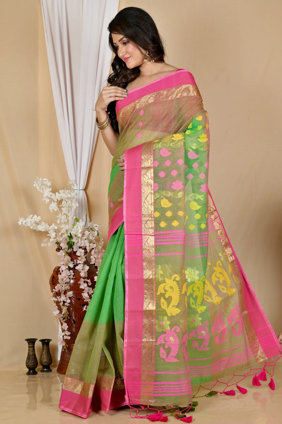 DipDiya Pure Cotton Green Madhka Bengal’s Tradition Tant Sarees