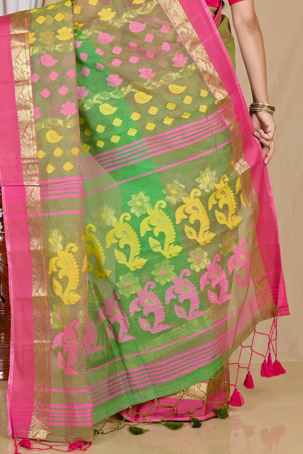 DipDiya Pure Cotton Green Madhka Bengal’s Tradition Tant Sarees