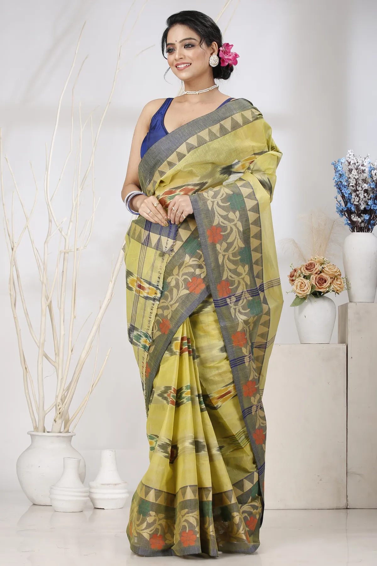 DipDiya Pure Cotton Green Mili Pure Bengali Grace Tant Sarees