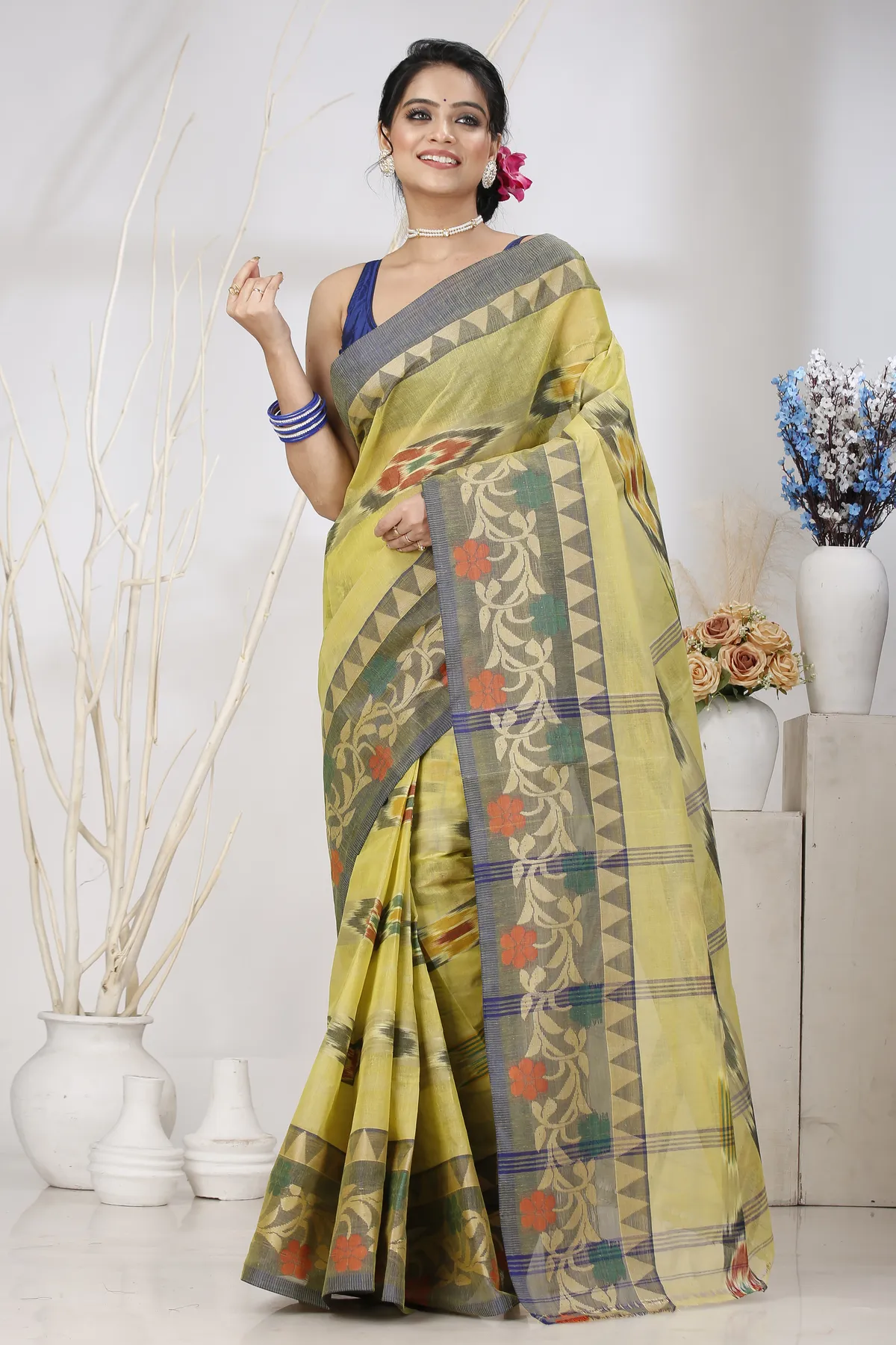 DipDiya Pure Cotton Green Mili Pure Bengali Grace Tant Sarees