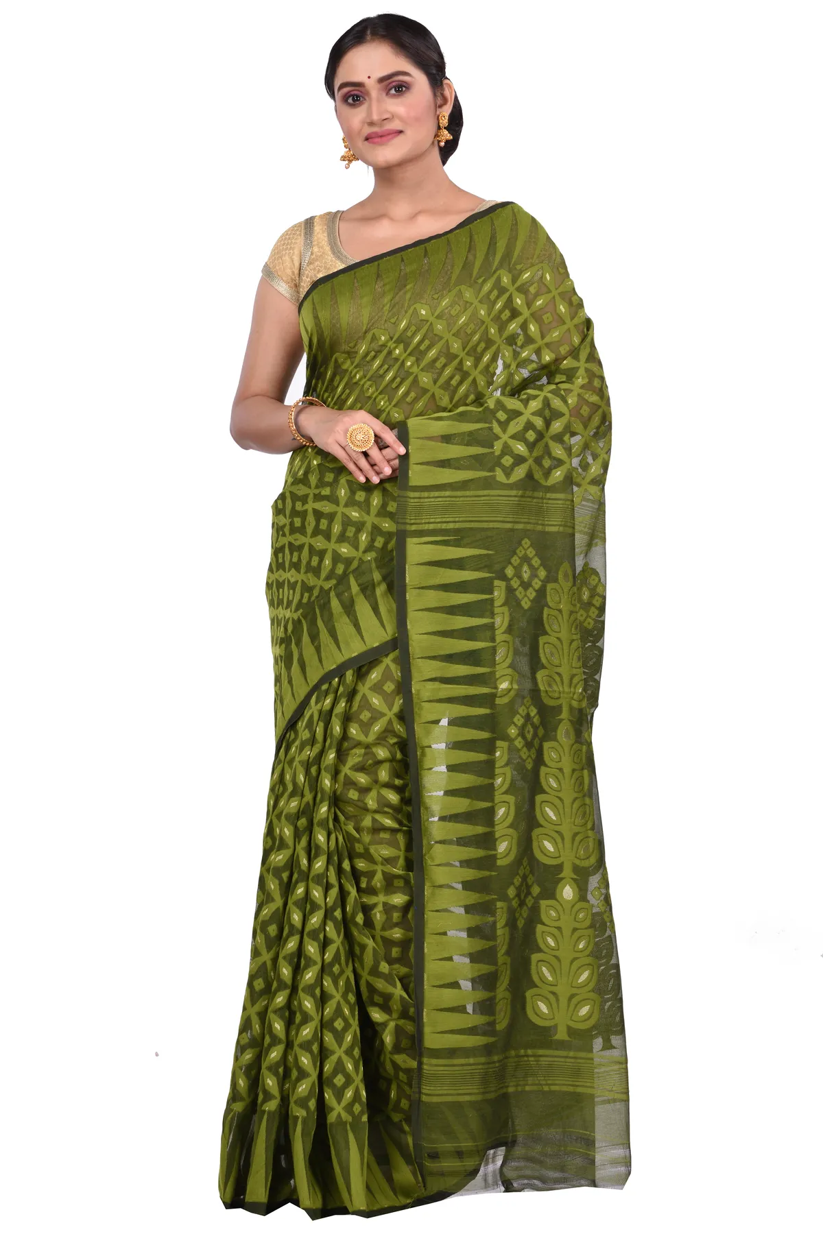 DipDiya Pure Cotton Green Minakari Jmdni Traditional Bengali Jamdani Sarees