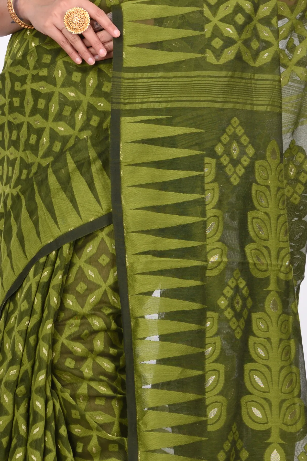 DipDiya Pure Cotton Green Minakari Jmdni Traditional Bengali Jamdani Sarees