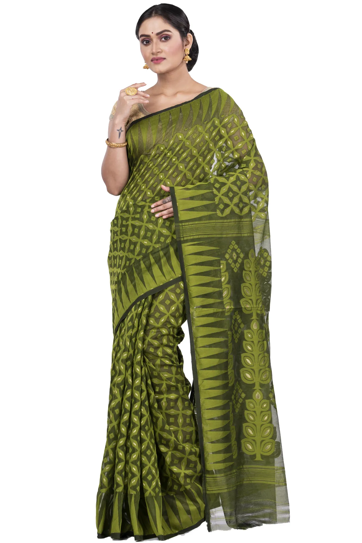 DipDiya Pure Cotton Green Minakari Jmdni Traditional Bengali Jamdani Sarees