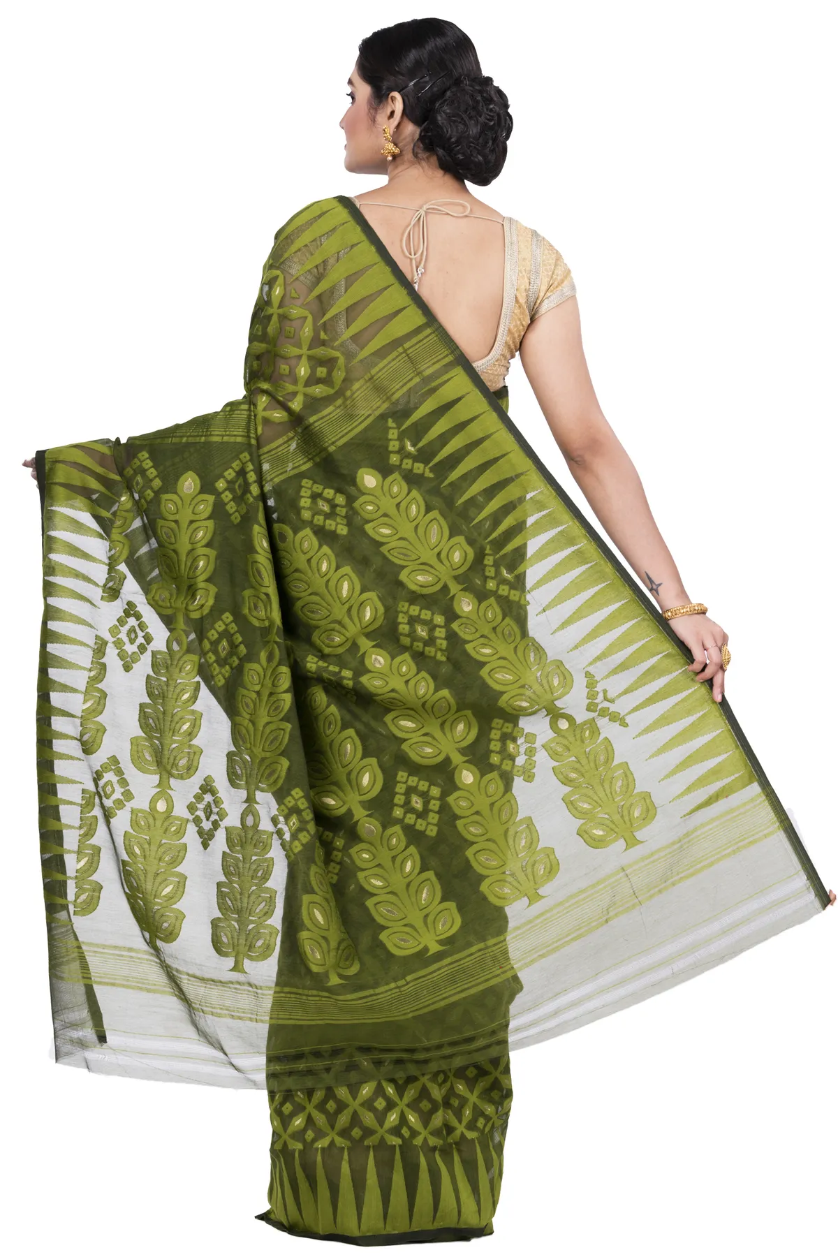 DipDiya Pure Cotton Green Minakari Jmdni Traditional Bengali Jamdani Sarees