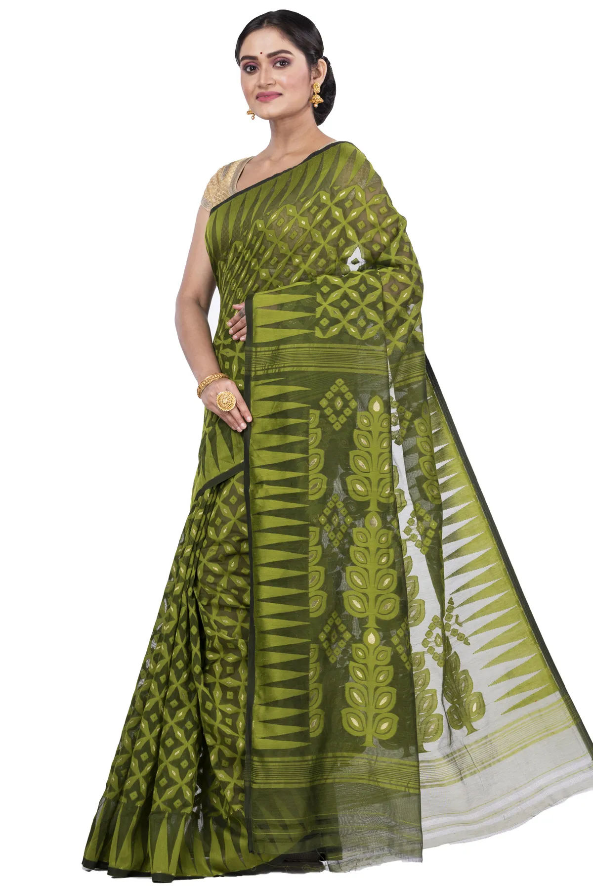 DipDiya Pure Cotton Green Minakari Jmdni Traditional Bengali Jamdani Sarees