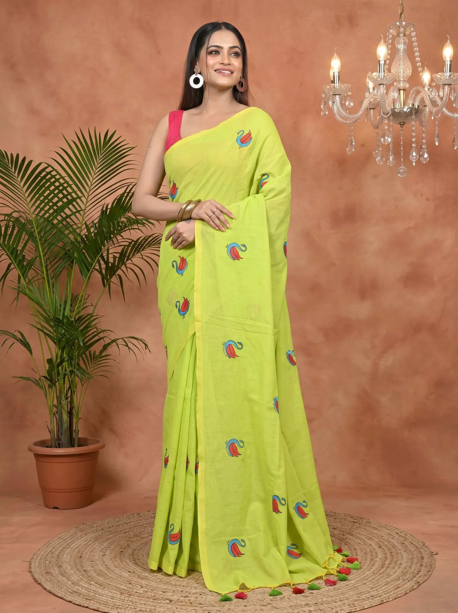 DipDiya Pure Cotton Green Norvi Handloom Heritage Embroidery Handloom sarees