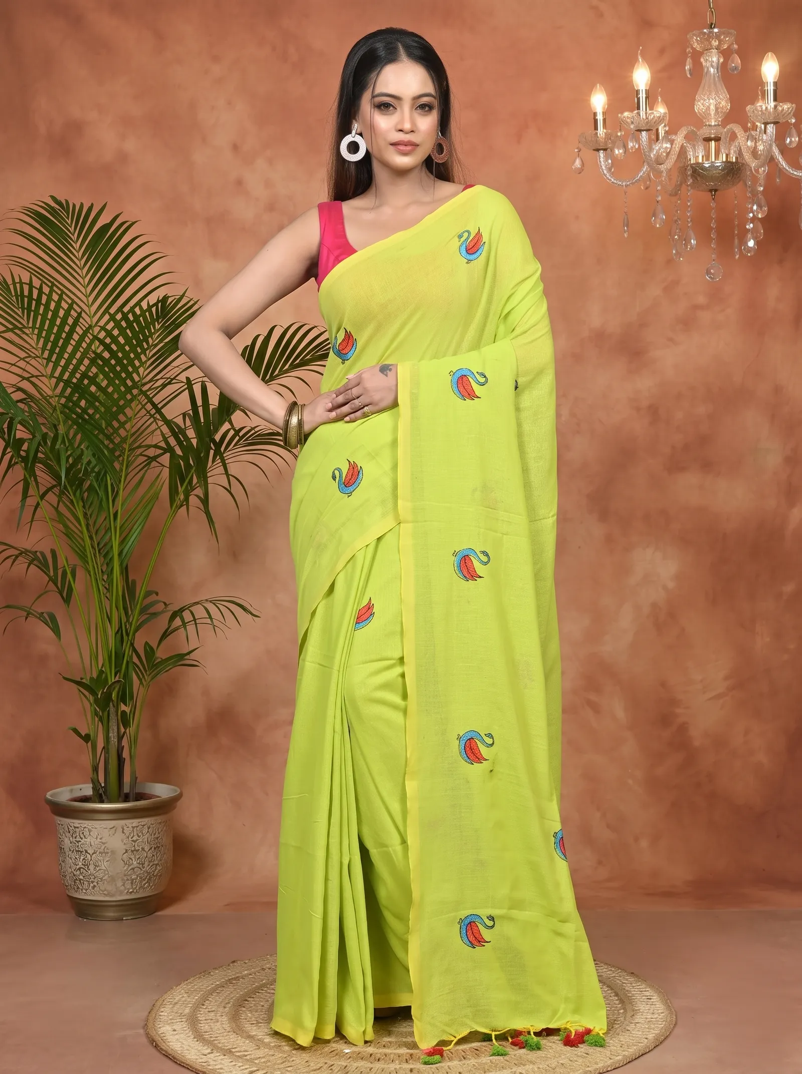 DipDiya Pure Cotton Green Norvi Handloom Heritage Embroidery Handloom sarees