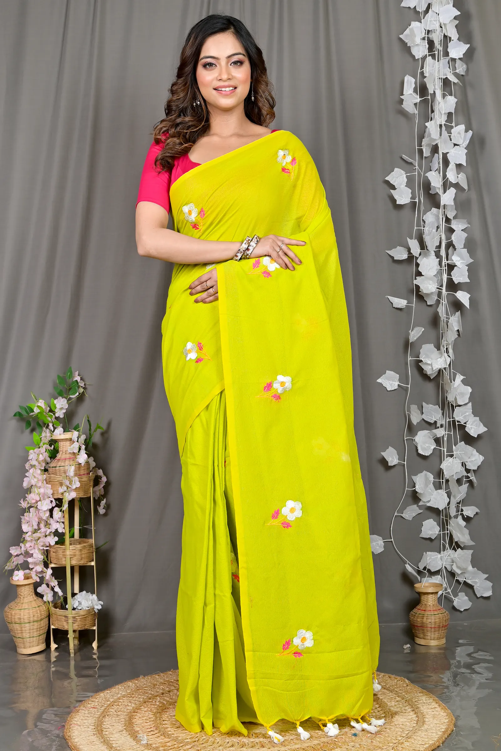 DipDiya Pure Cotton Green Paray Artisan Crafted Embroidery Handloom sarees