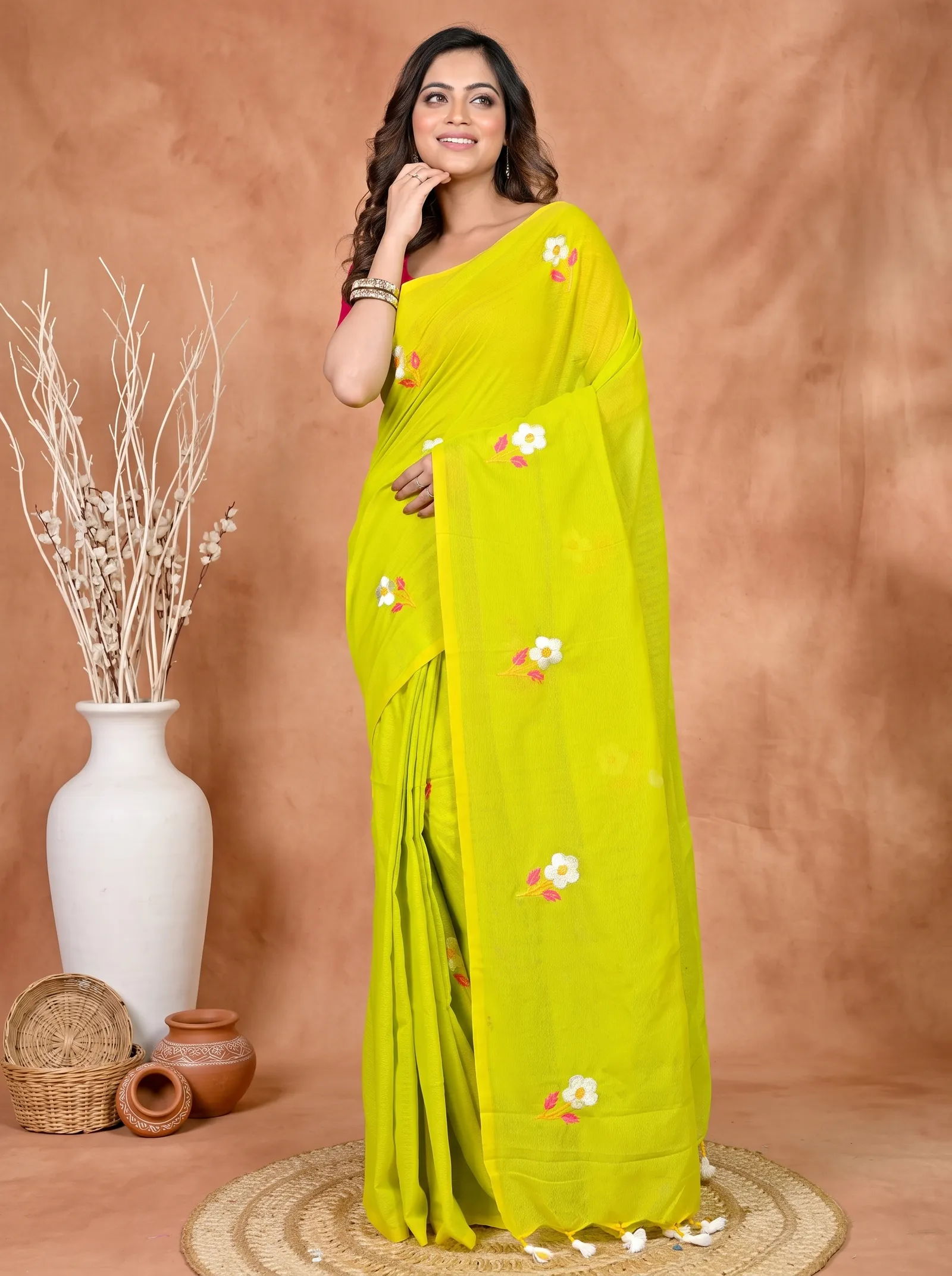 DipDiya Pure Cotton Green Paray Artisan Crafted Embroidery Handloom sarees