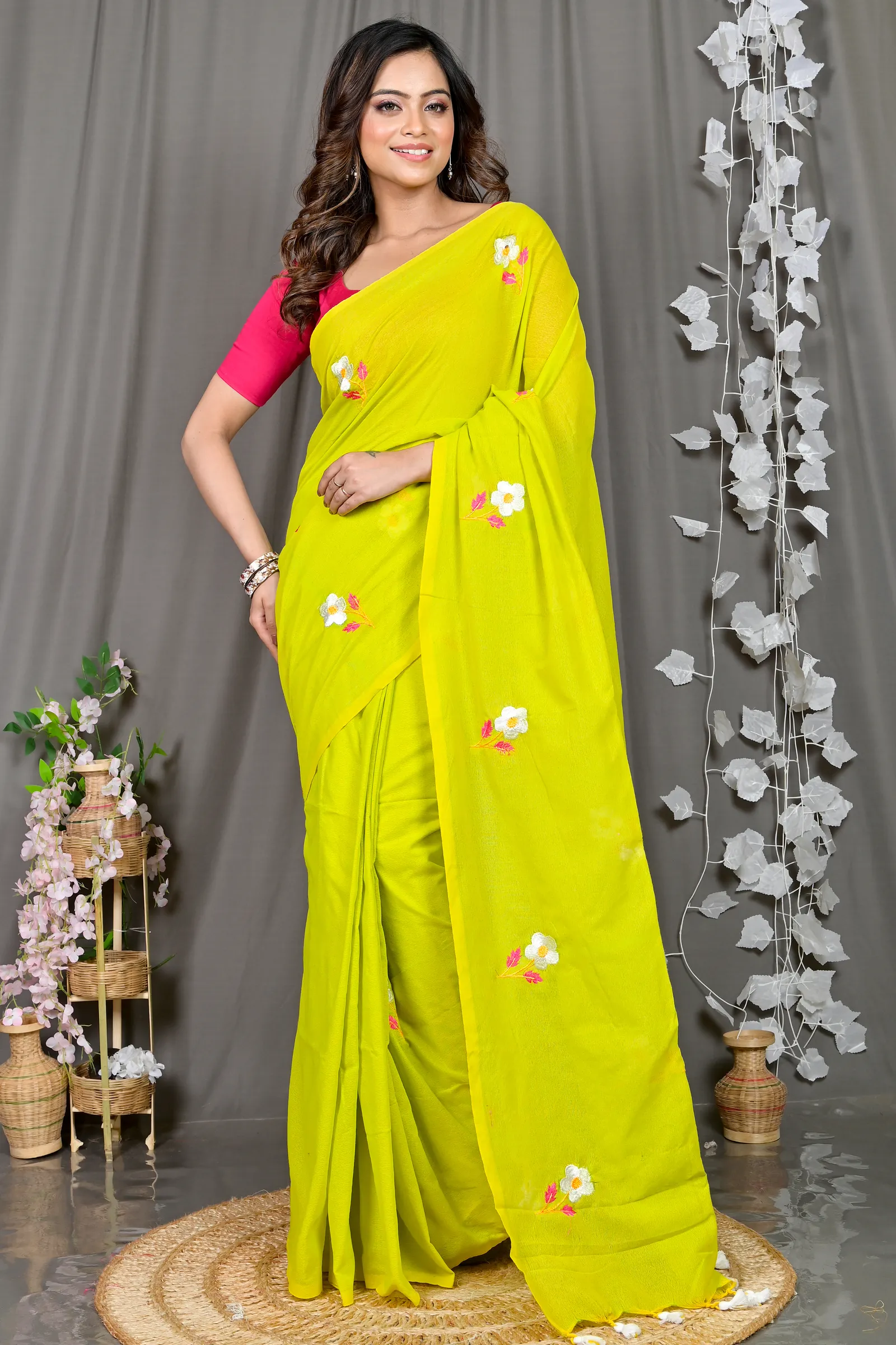 DipDiya Pure Cotton Green Paray Artisan Crafted Embroidery Handloom sarees