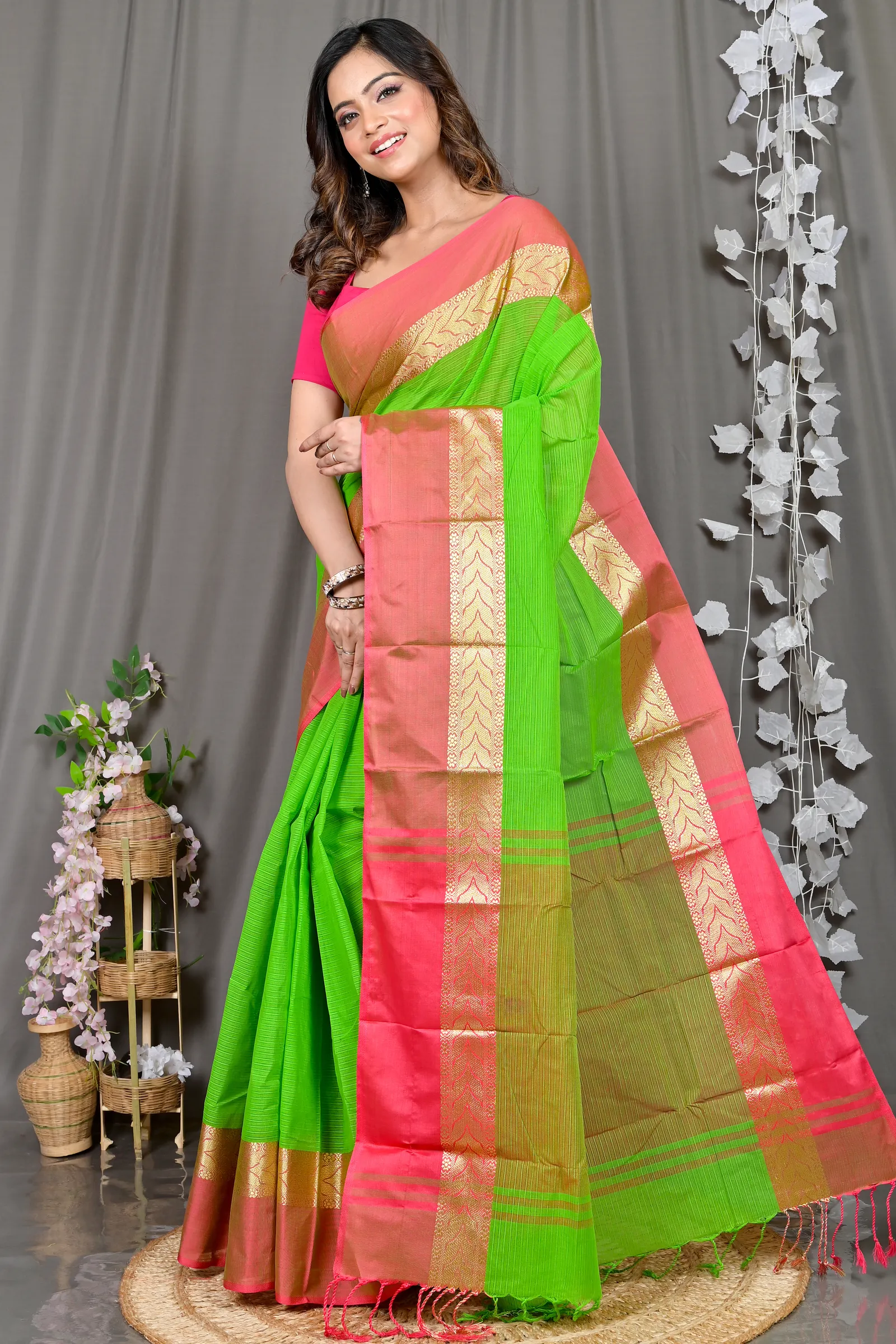 DipDiya Pure Cotton Green Parvin Wrapped in Heritage Tant Sarees