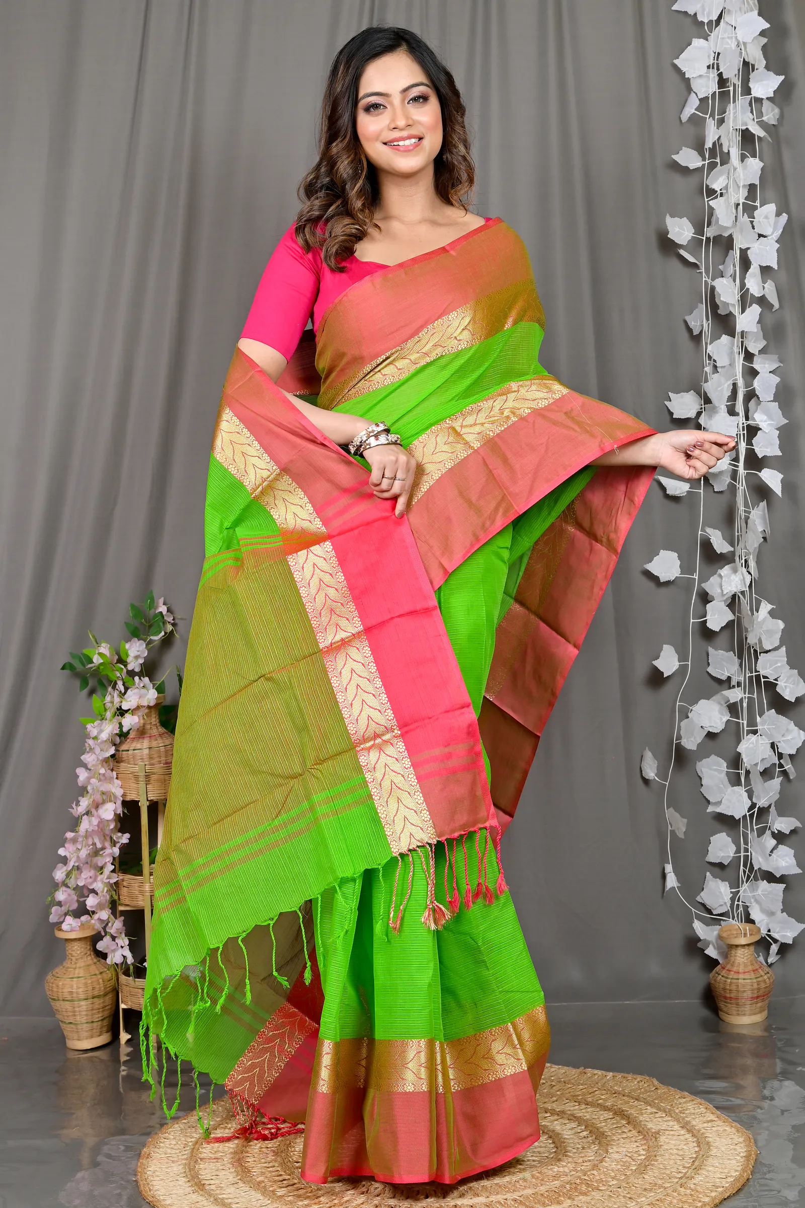 DipDiya Pure Cotton Green Parvin Wrapped in Heritage Tant Sarees