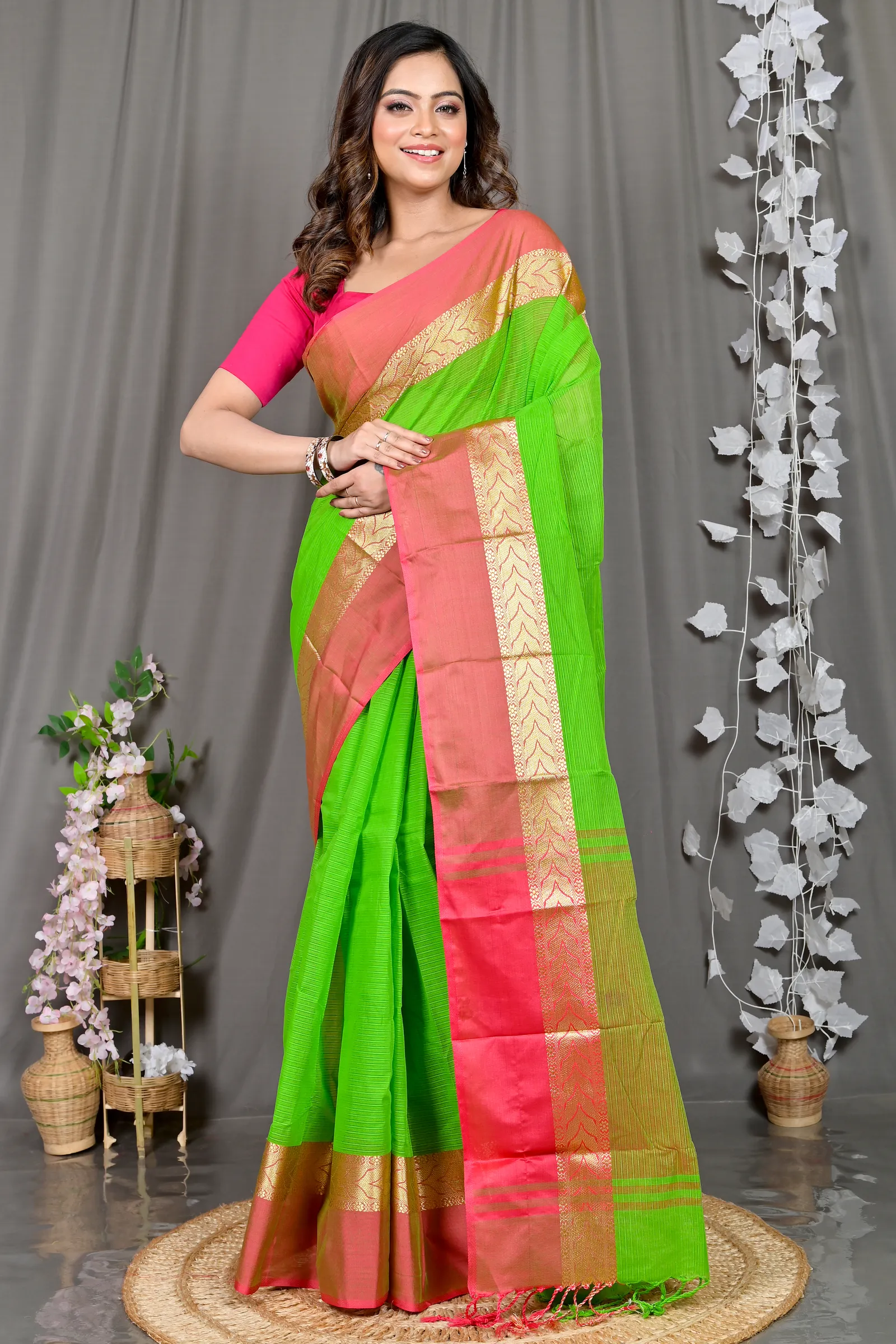 DipDiya Pure Cotton Green Parvin Wrapped in Heritage Tant Sarees