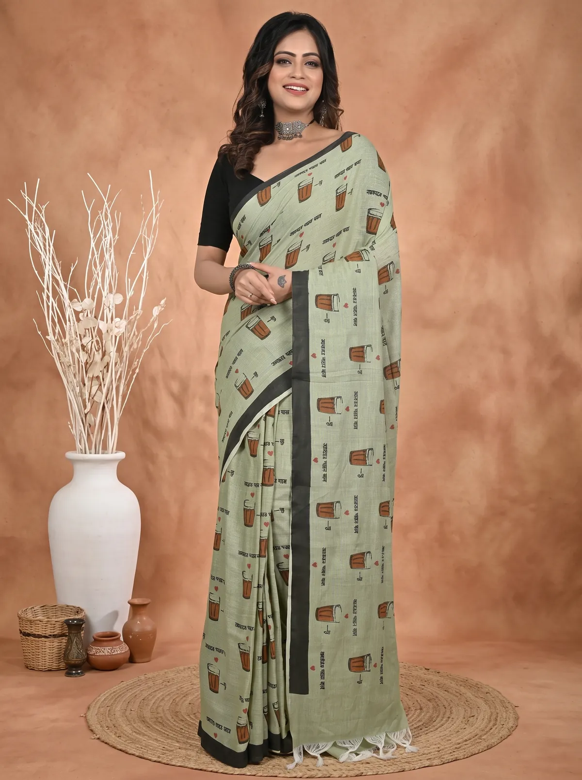 DipDiya Pure Cotton Green Pinal Essence of Bengal Printed Handloom Sarees