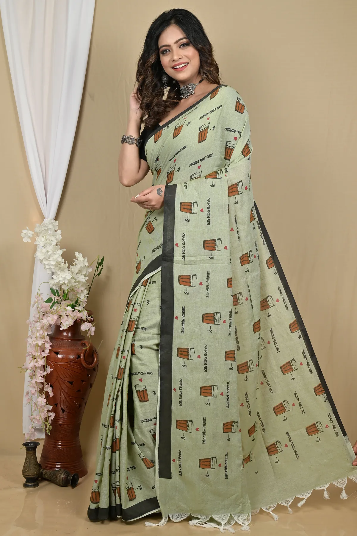 DipDiya Pure Cotton Green Pinal Essence of Bengal Printed Handloom Sarees
