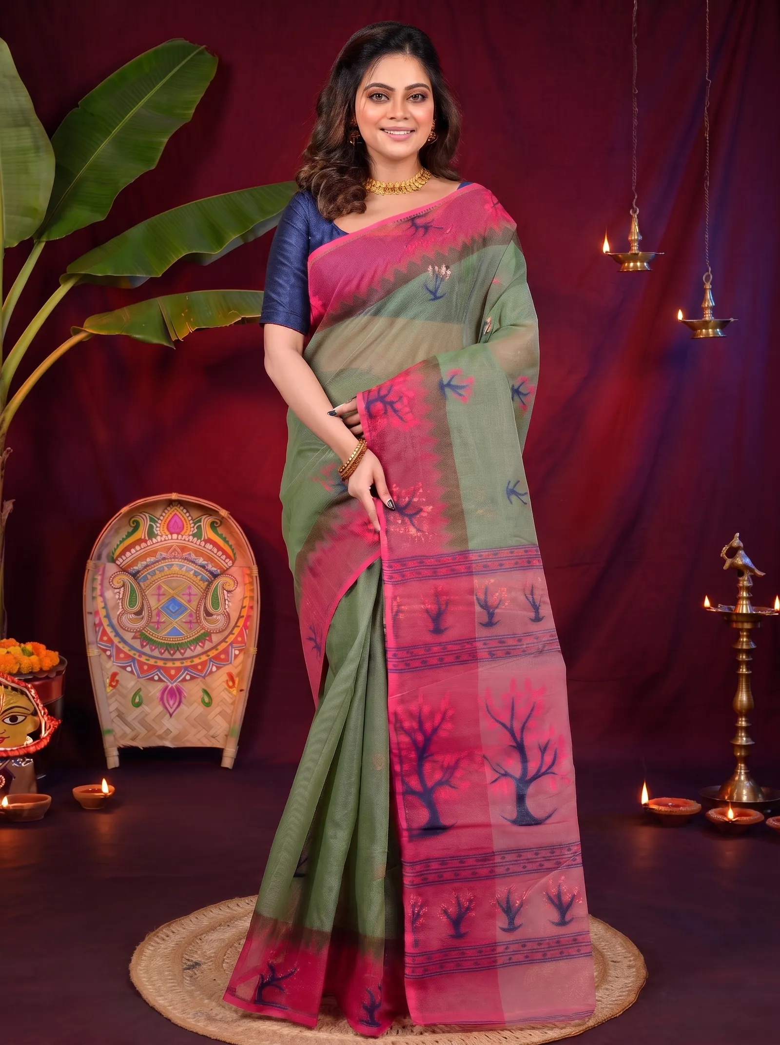 DipDiya Pure Cotton Green Pink Fevai Handloom Heritage Jamdani Sarees