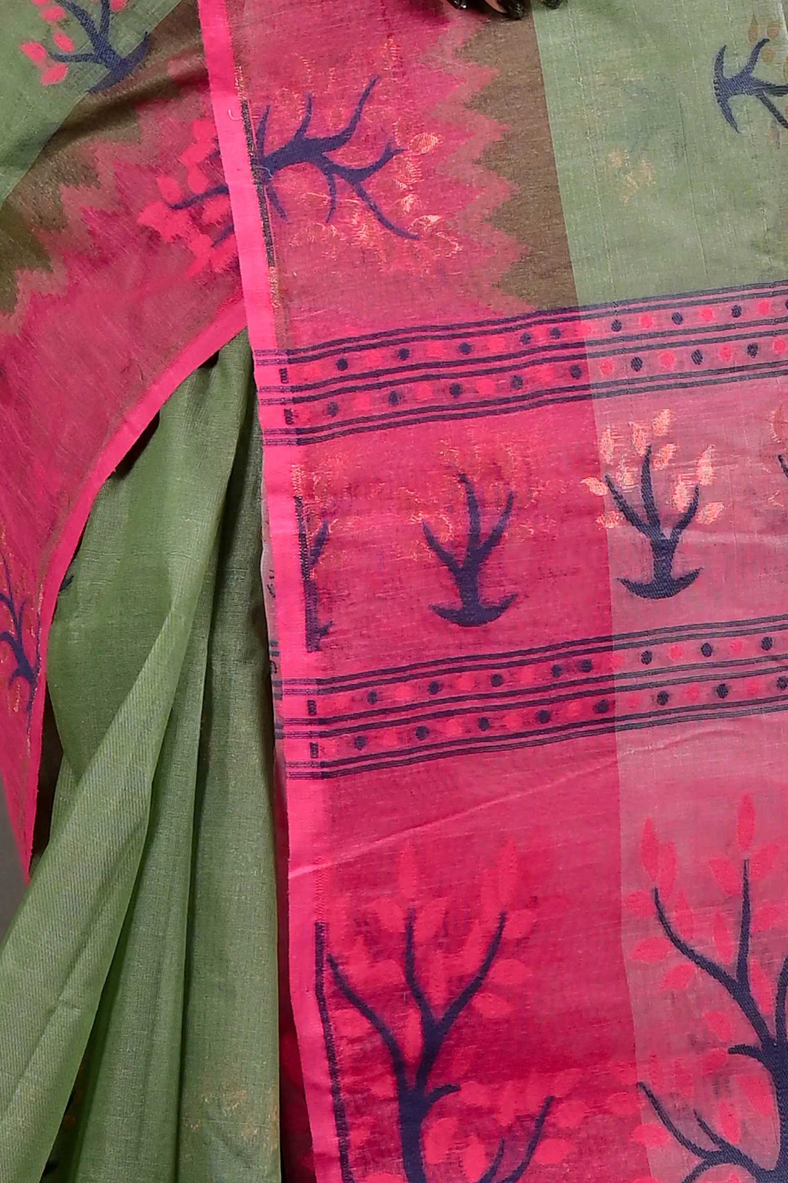 DipDiya Pure Cotton Green Pink Fevai Handloom Heritage Jamdani Sarees