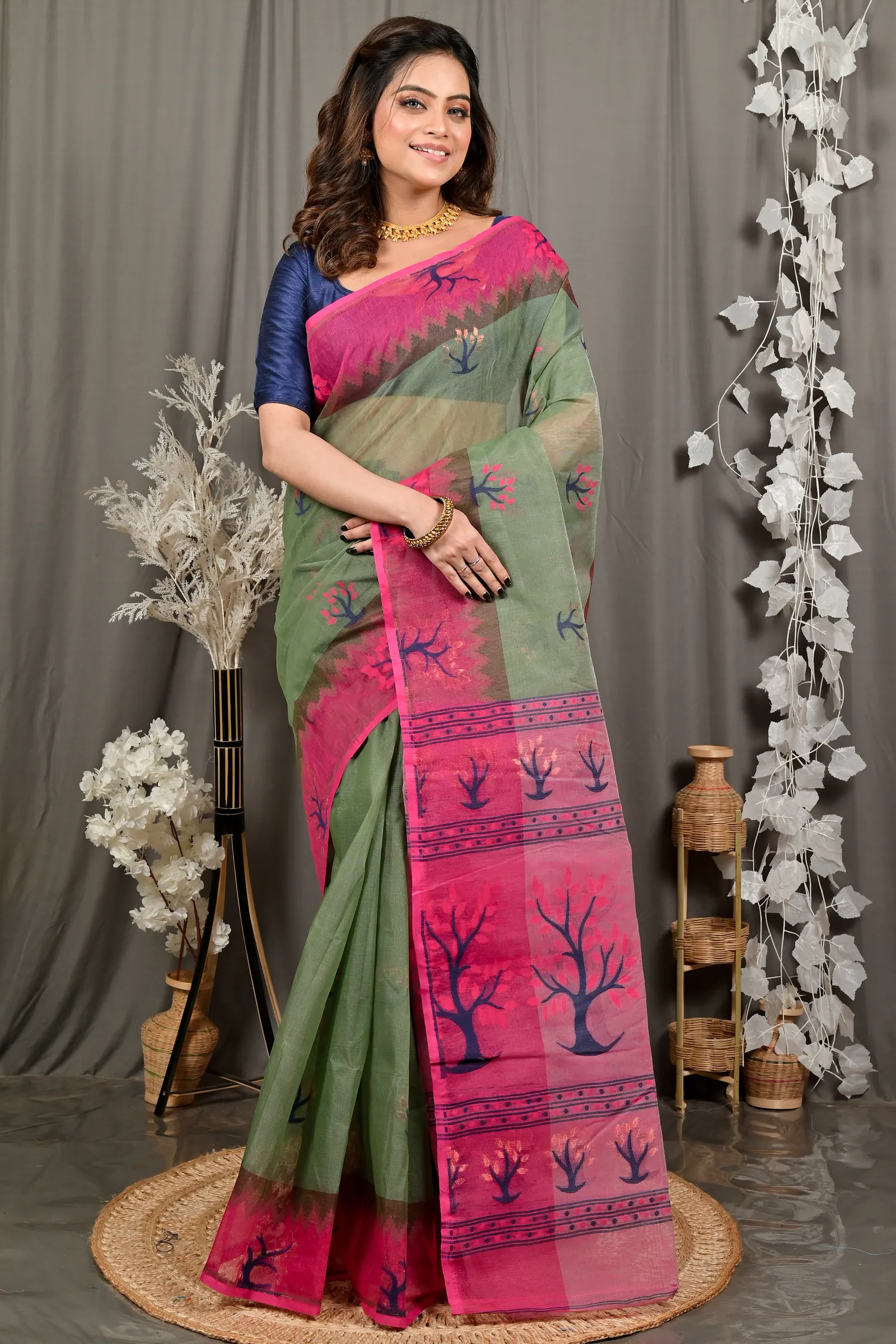 DipDiya Pure Cotton Green Pink Fevai Handloom Heritage Jamdani Sarees