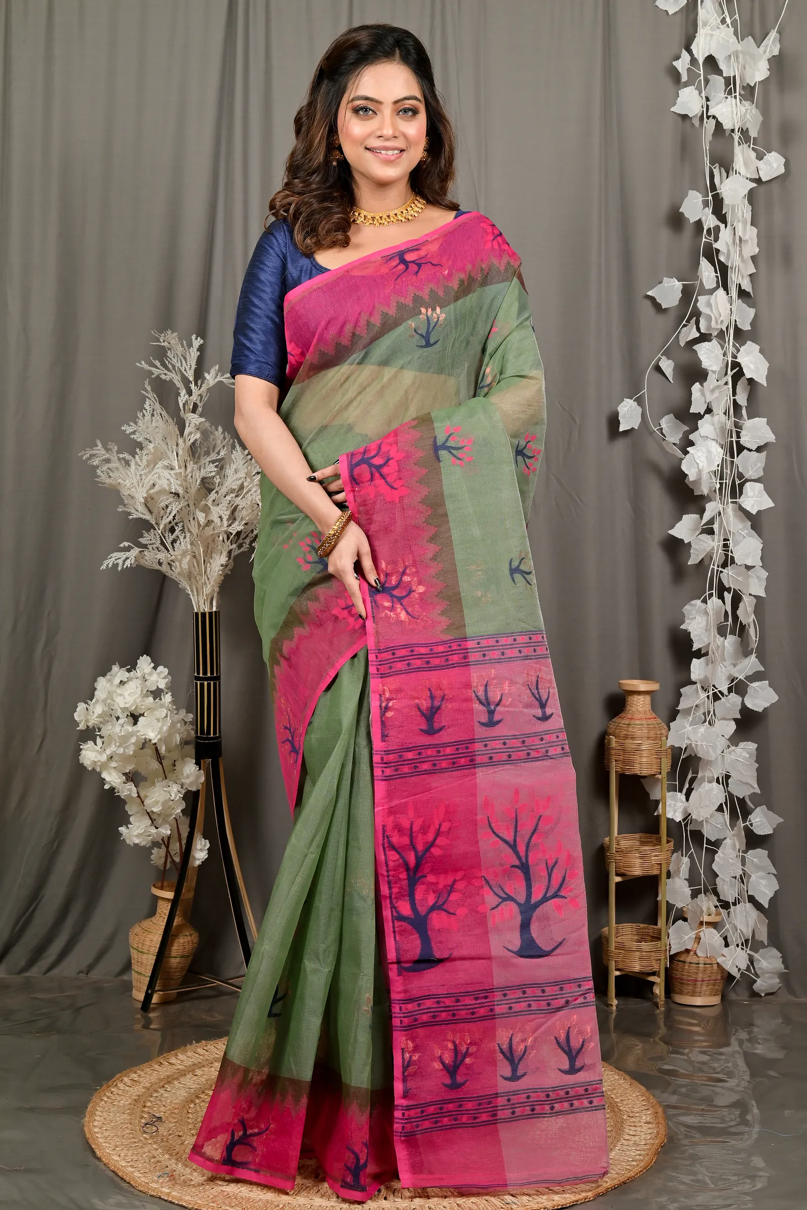 DipDiya Pure Cotton Green Pink Fevai Handloom Heritage Jamdani Sarees
