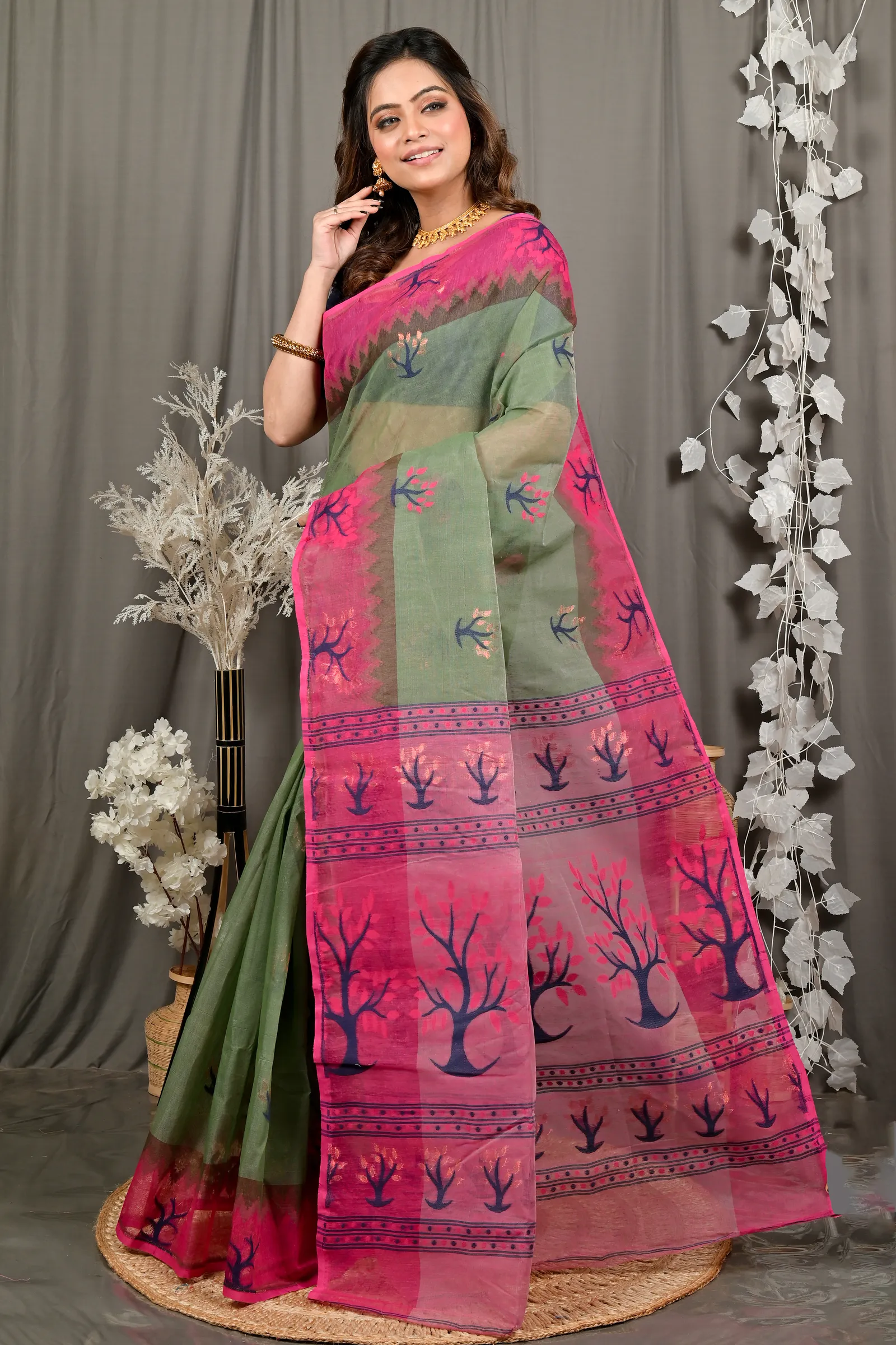 DipDiya Pure Cotton Green Pink Fevai Handloom Heritage Jamdani Sarees