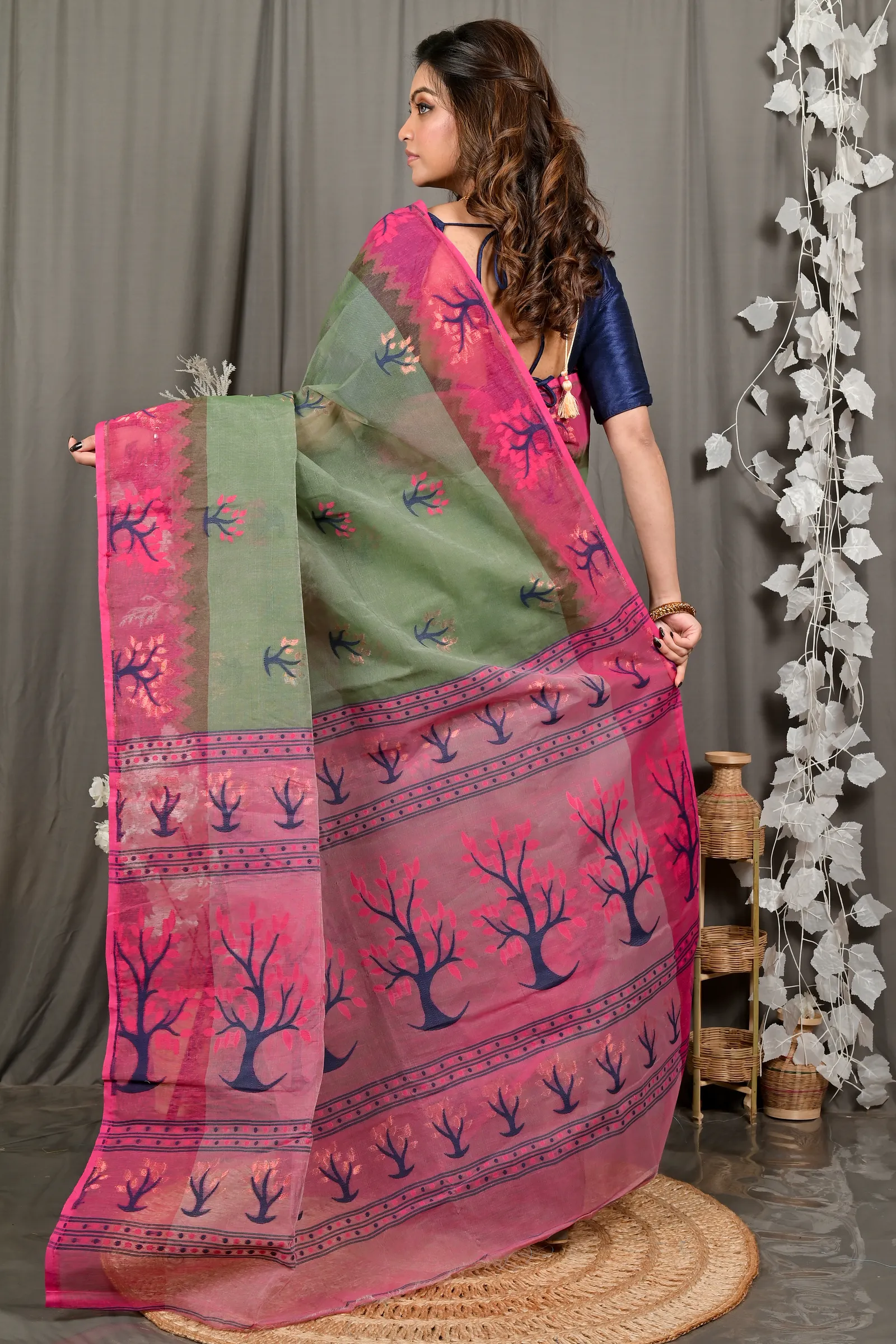 DipDiya Pure Cotton Green Pink Fevai Handloom Heritage Jamdani Sarees