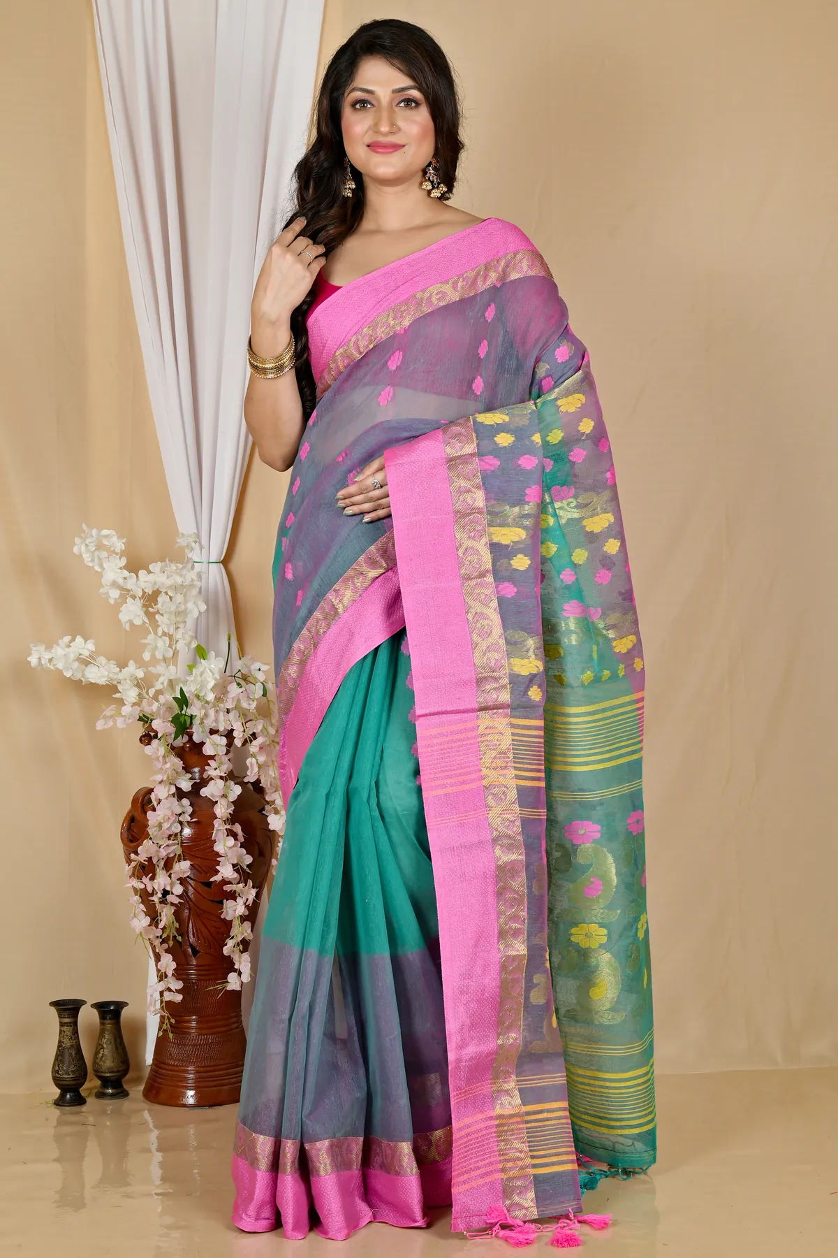 DipDiya Pure Cotton Green Pink Madhka Bengal’s Legacy Tant Sarees