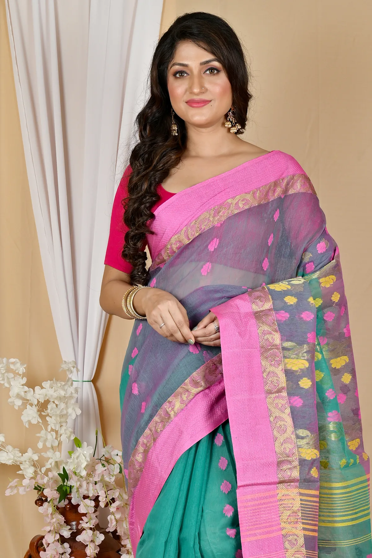 DipDiya Pure Cotton Green Pink Madhka Bengal’s Legacy Tant Sarees