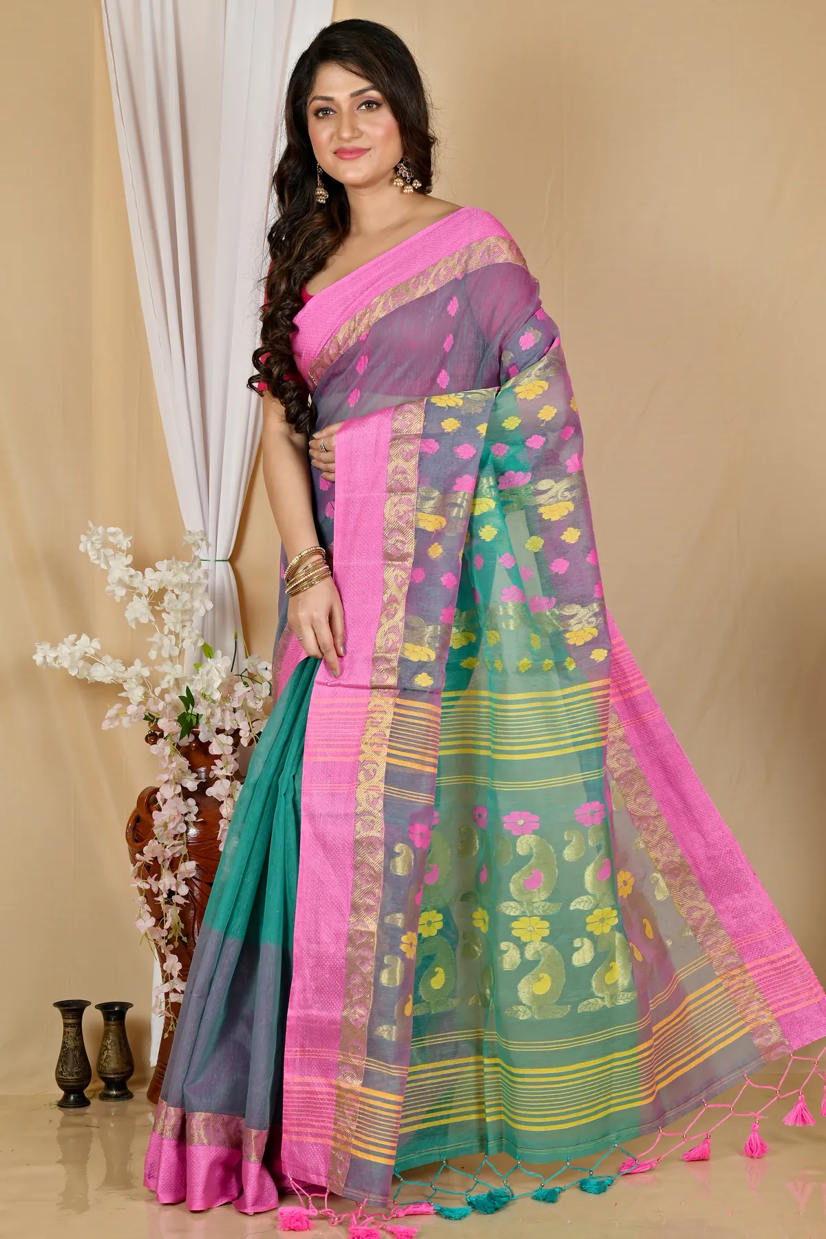 DipDiya Pure Cotton Green Pink Madhka Bengal’s Legacy Tant Sarees