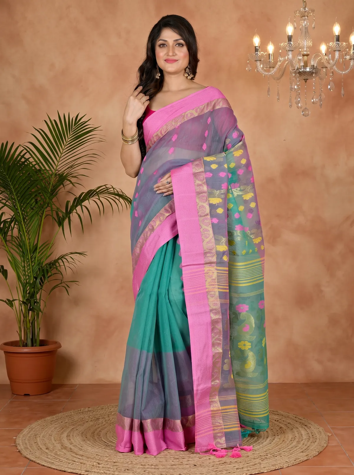 DipDiya Pure Cotton Green Pink Madhka Bengal’s Legacy Tant Sarees