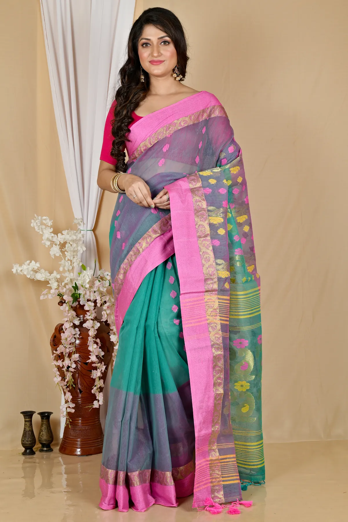 DipDiya Pure Cotton Green Pink Madhka Bengal’s Legacy Tant Sarees