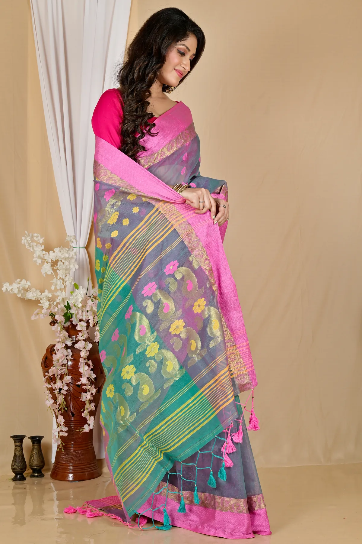 DipDiya Pure Cotton Green Pink Madhka Bengal’s Legacy Tant Sarees