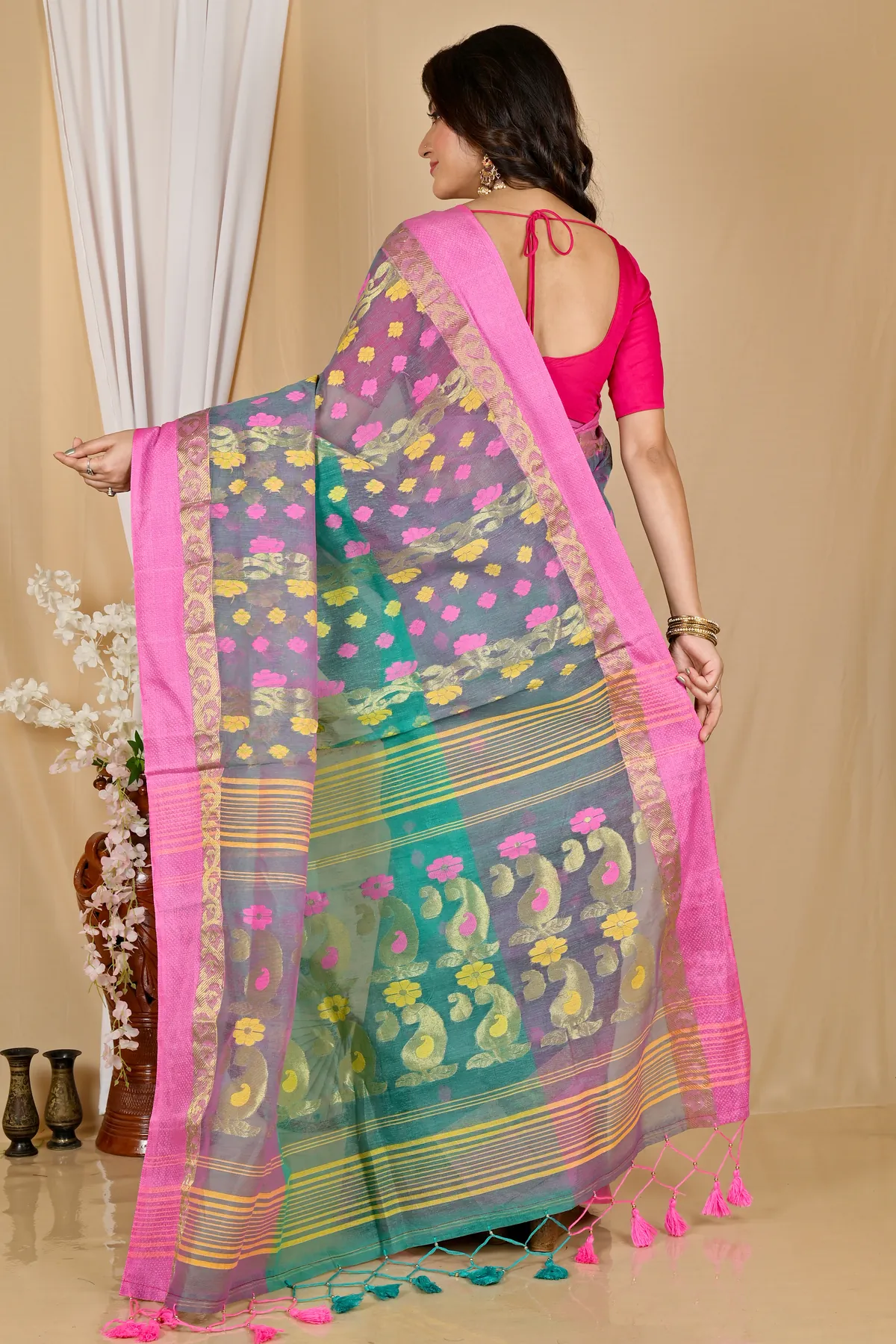 DipDiya Pure Cotton Green Pink Madhka Bengal’s Legacy Tant Sarees