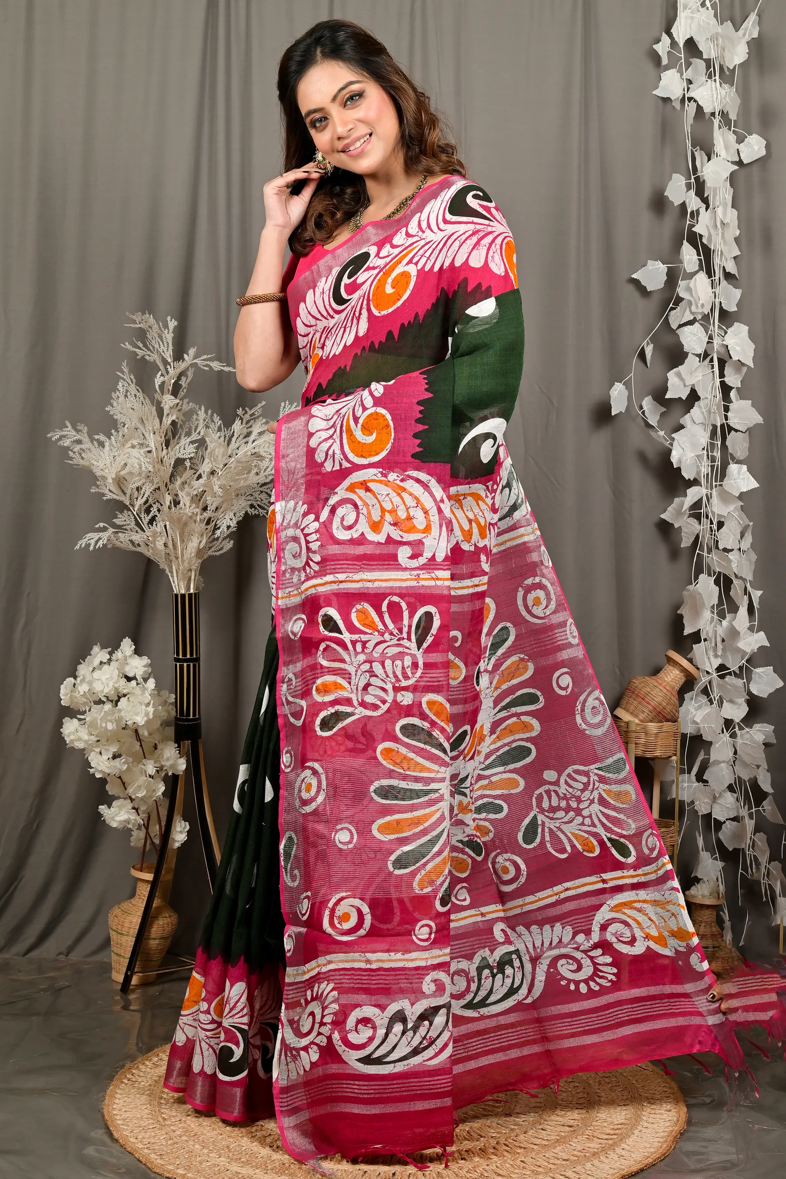 DipDiya Pure Cotton Green Purpel Dinesi Handloom Heritage Batik Print Sarees