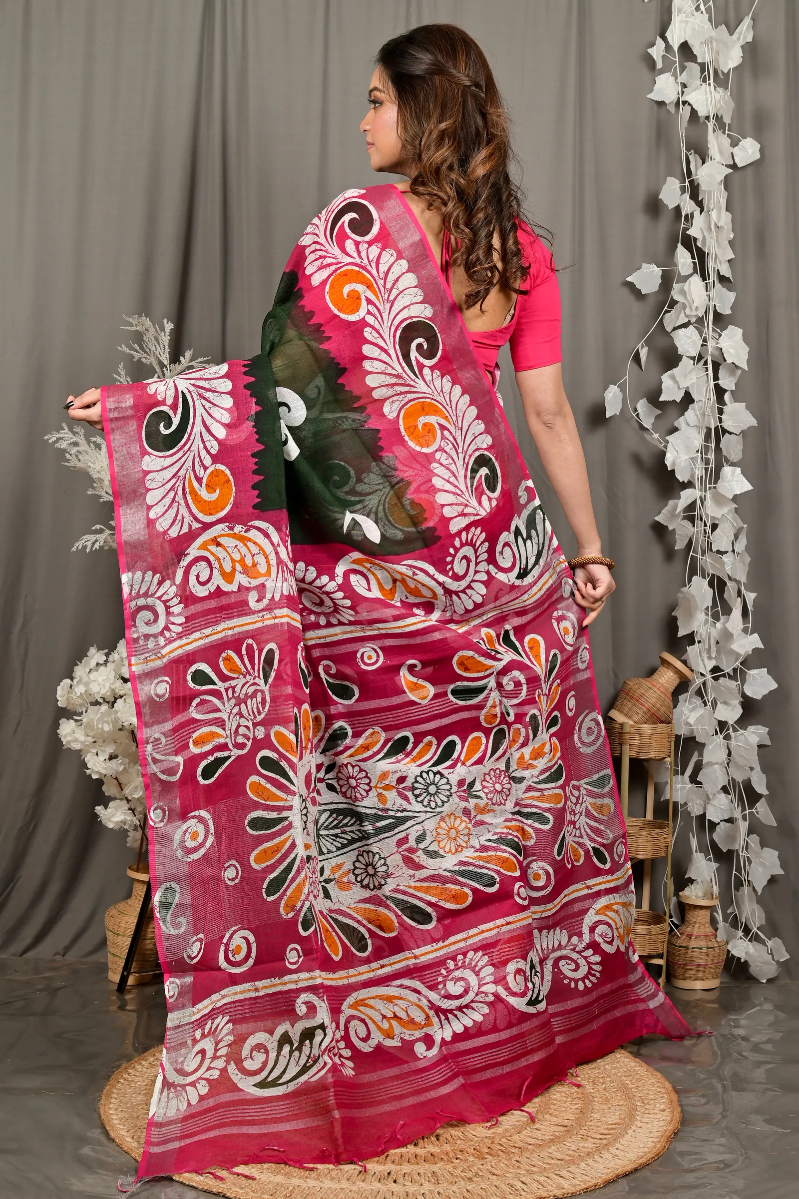 DipDiya Pure Cotton Green Purpel Dinesi Handloom Heritage Batik Print Sarees