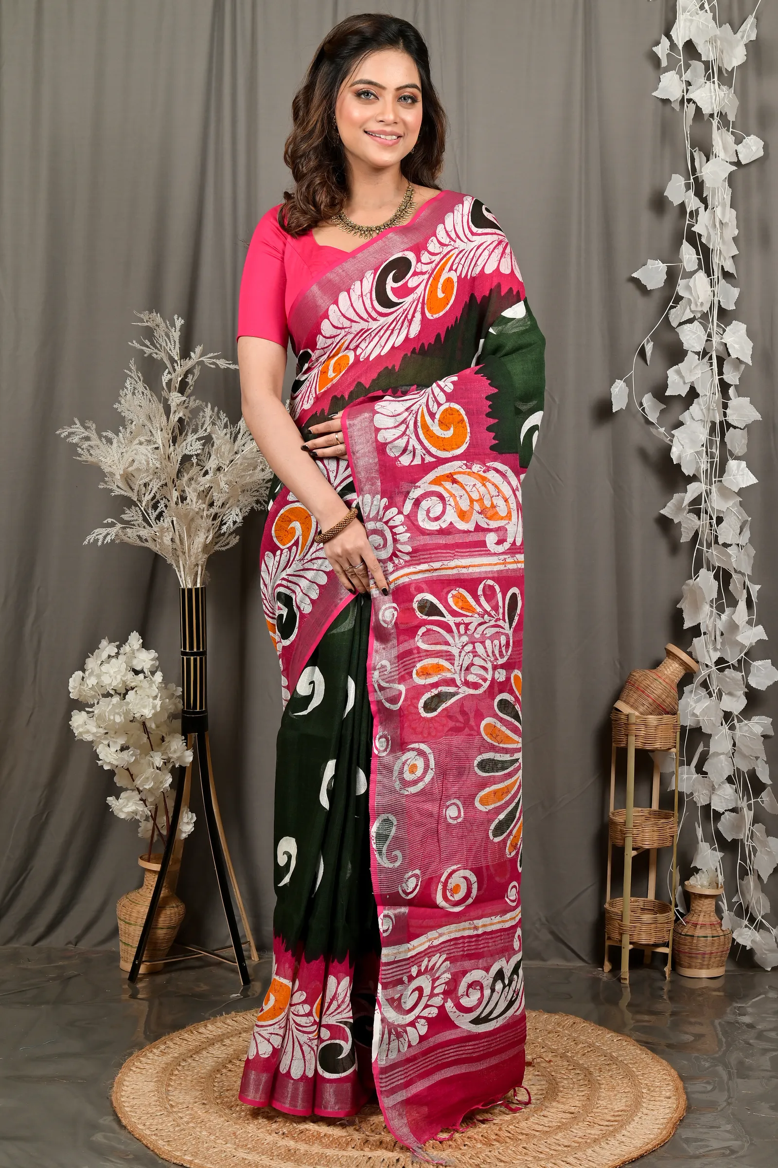 DipDiya Pure Cotton Green Purpel Dinesi Handloom Heritage Batik Print Sarees